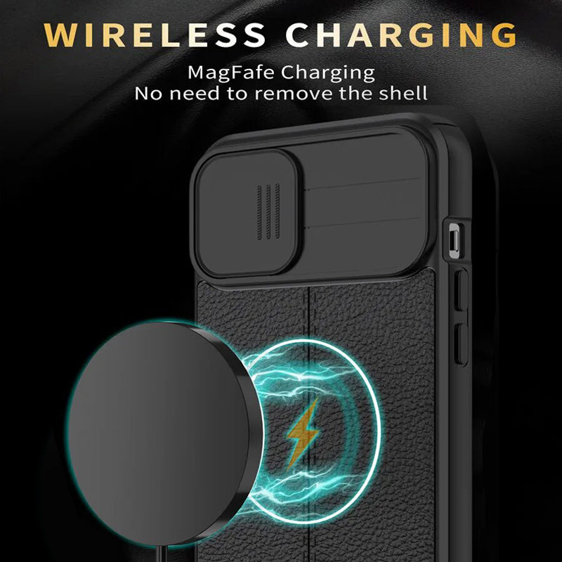 PhoneBits Ultra-Protective Leather Matte Look MagSafe Case with Camera Slide Cover for iPhone, Shockproof iPhone Case Compatible with MagSafe Chargers, Magnetic Wireless Charging Mobile Phone Case, Back Case Cover