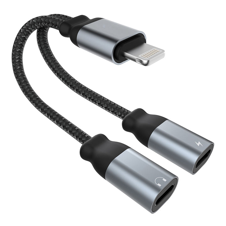 PhoneBits 2 In 1 Lightning Splitter with Audio & Phone Charge Adapter, Fast iPhone Charging Braided Cable with Dual Female Lightning Music & Charge Adapter, 8 Pin Connector/ Cable for iPhone with Lightning Headphone & Charging Ports