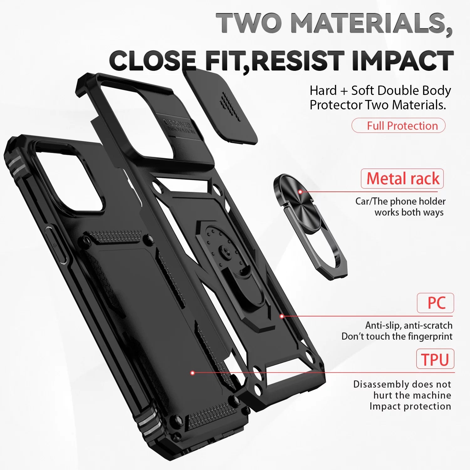 PhoneBits Ultra-Protective Magnetic iPhone Case with Holder & Camera Slide Cover, Shockproof iPhone Ring Holder Case Compatible with Magnetic Car Mount, Mobile Phone Case with Stand, Back iPhone Holder Case Cover