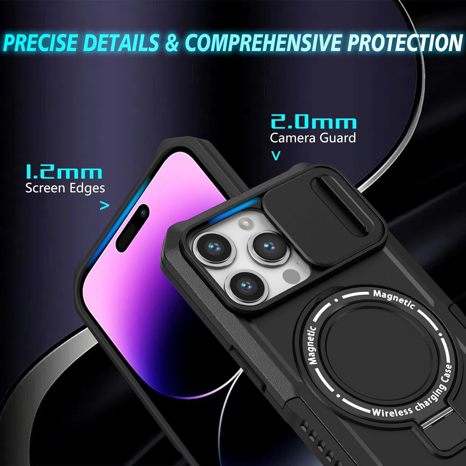 PhoneBits Ultra-Protective MagSafe Case with Holder & Camera Slide Cover for iPhone, Shockproof iPhone Case Compatible with MagSafe Chargers, Magnetic Wireless Charging Mobile Ring Phone Case with Stand, Back iPhone Holder Case Cover
