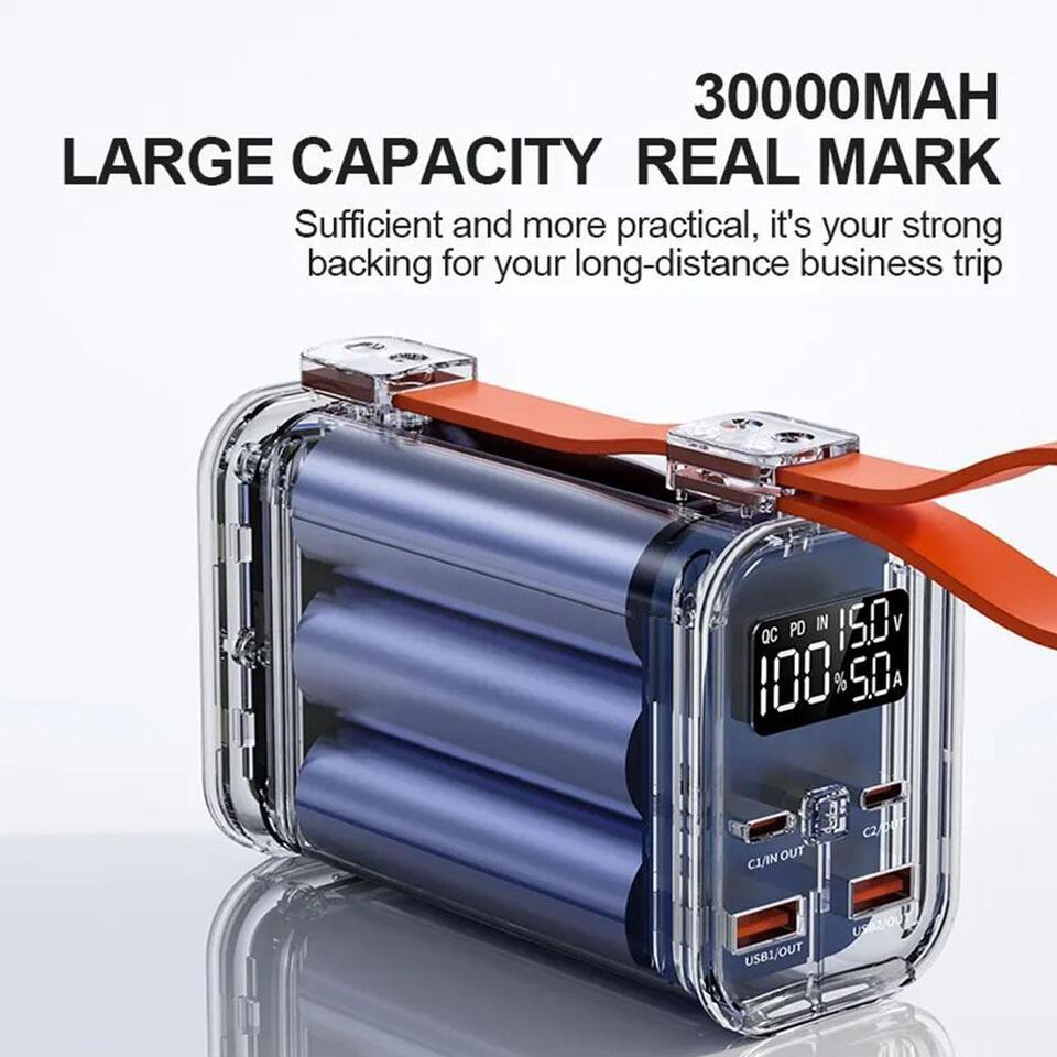 PhoneBits Portable Power Bank 30000mAh with Dual Type-C & USB-A Ports, Portable Charger Power Bank with Digital LED Screen & Torch, PD Fast Charging Power Bank with Holding Strap for iPhone/Smartphone