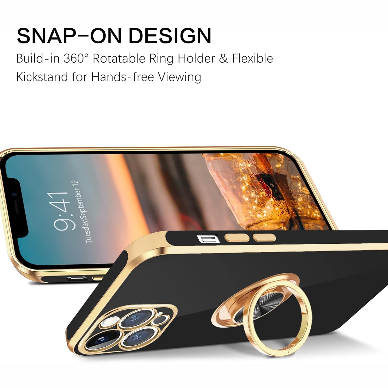 PhoneBits Luxury Soft Silicone Magnetic iPhone Case with Holder & Camera Lens Protection, Protective Shockproof iPhone Ring Holder Case Compatible with Magnetic Car Mount, Mobile Phone Case with Stand, Back iPhone Holder Case Cover