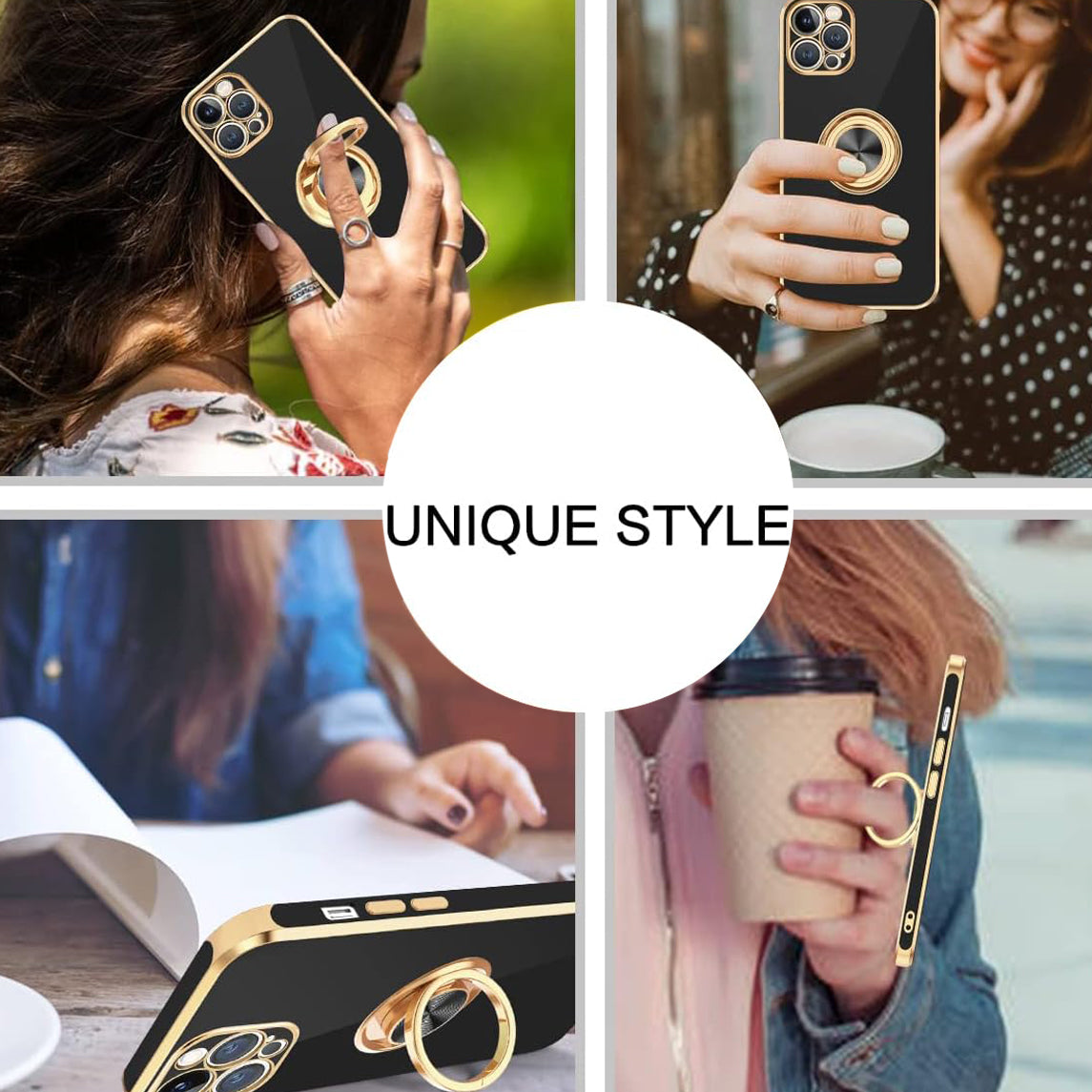 PhoneBits Luxury Soft Silicone Magnetic iPhone Case with Holder & Camera Lens Protection, Protective Shockproof iPhone Ring Holder Case Compatible with Magnetic Car Mount, Mobile Phone Case with Stand, Back iPhone Holder Case Cover