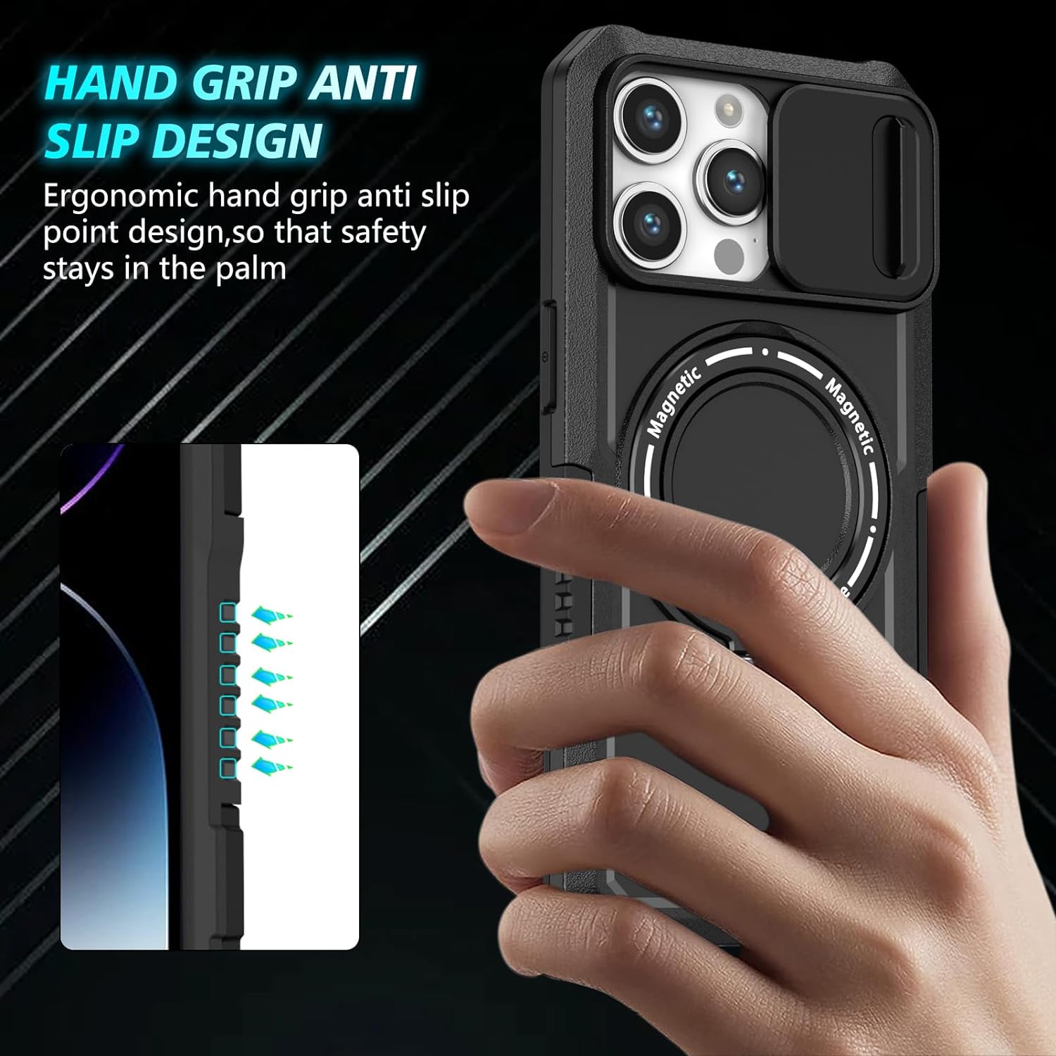 PhoneBits Ultra-Protective MagSafe Case with Holder & Camera Slide Cover for iPhone, Shockproof iPhone Case Compatible with MagSafe Chargers, Magnetic Wireless Charging Mobile Ring Phone Case with Stand, Back iPhone Holder Case Cover