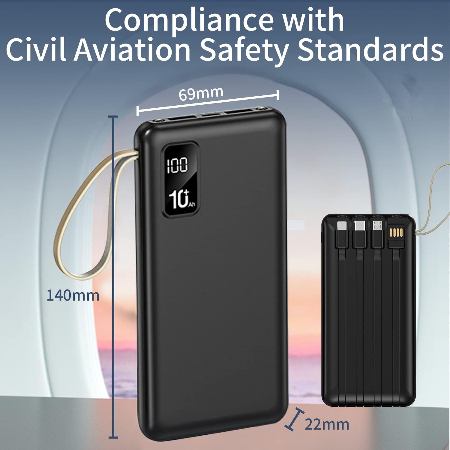 PhoneBits Portable Power Bank 10000mAh, Portable Charger Power Bank with 4 Built-in Cables (Type-C, Micro, Lightning & USB), Fast Charging Power Bank with Digital LED Display & Strap for Smartphone/ iPhone/Tablet