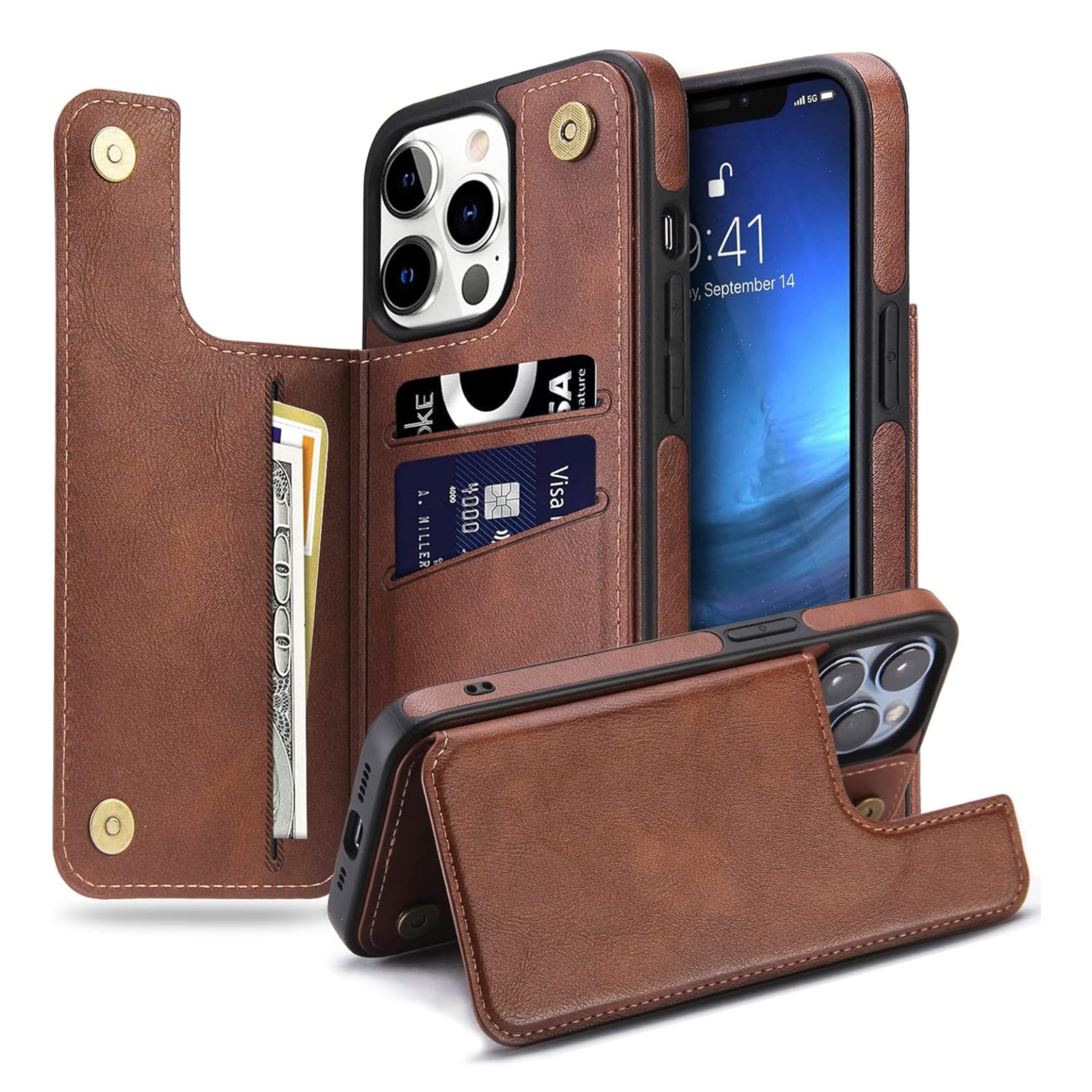 PhoneBits Protective Vegan Leather Wallet Case with Card Holder for iPhone, Compatible with iPhone, Shockproof iPhone Case with Stand, Mobile Wallet Phone Card Holder Case, Flip Back Case Cover
