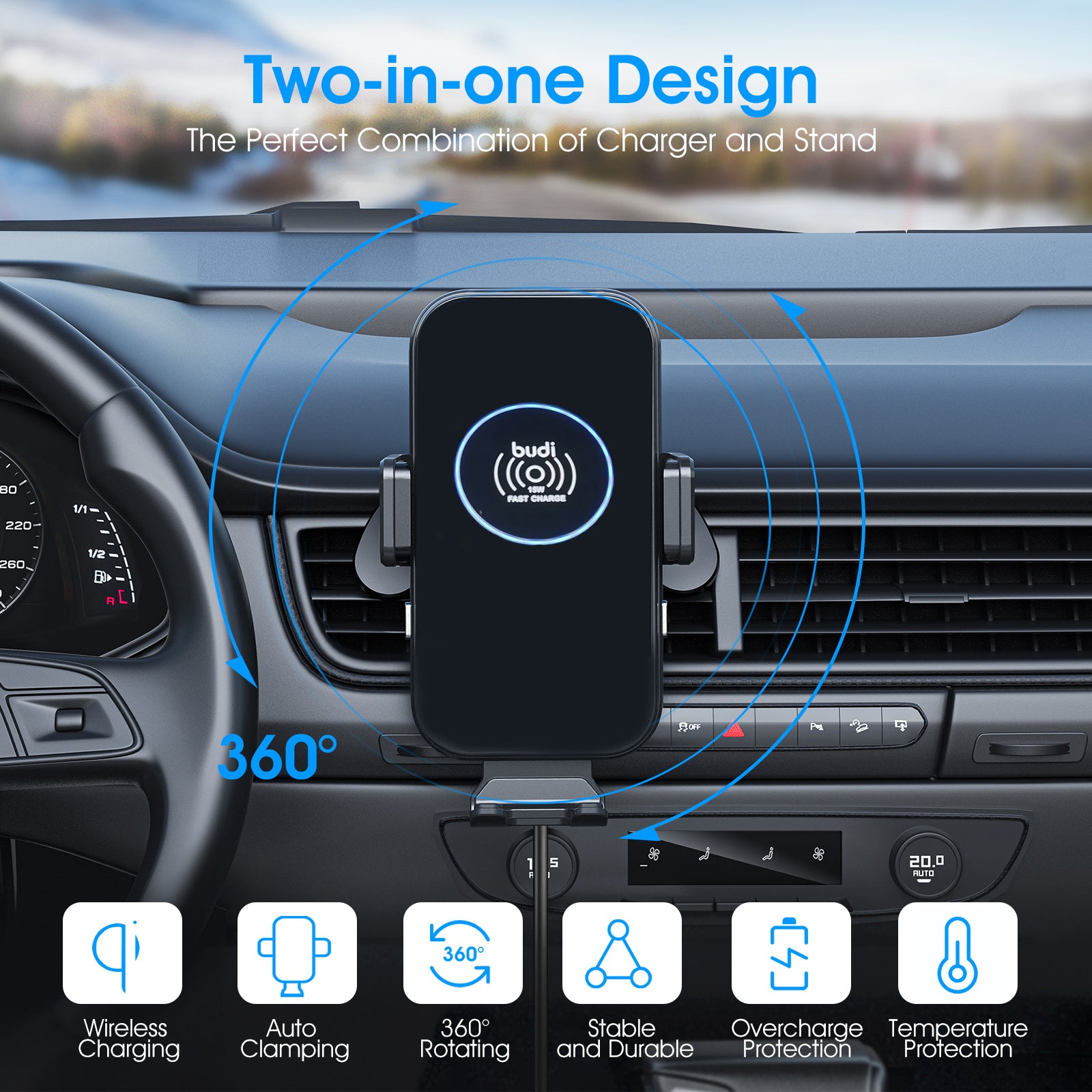 Budi New Magnetic In-Car Wireless Charger and Phone Holder with Dashboard Mount