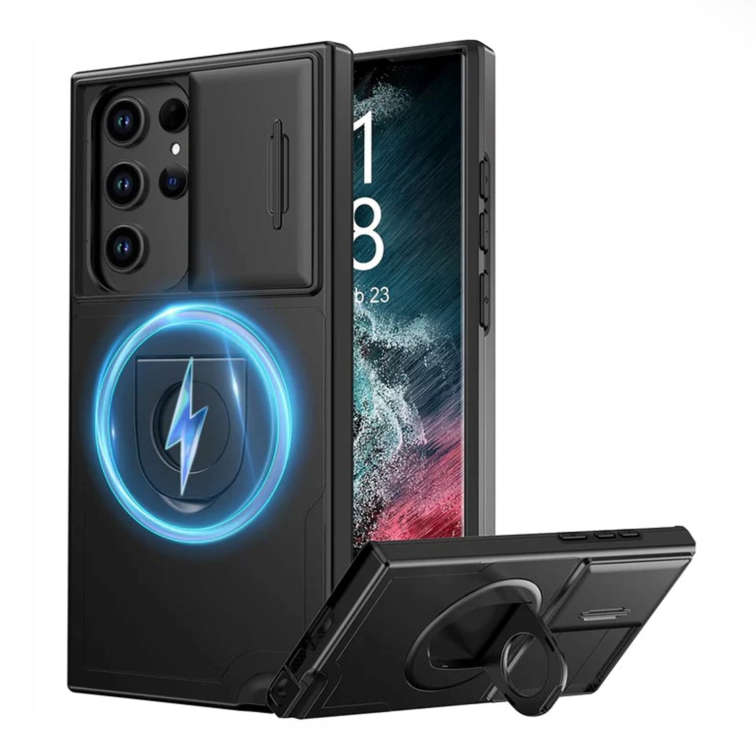 PhoneBits Protective Armor Samsung S Series MagSafe Case with Holder & Camera Slide Cover, Shockproof Samsung Ring Holder Case, Magnetic Wireless Charging Mobile Ring Phone Case with Stand, Back Samsung Holder Case Cover