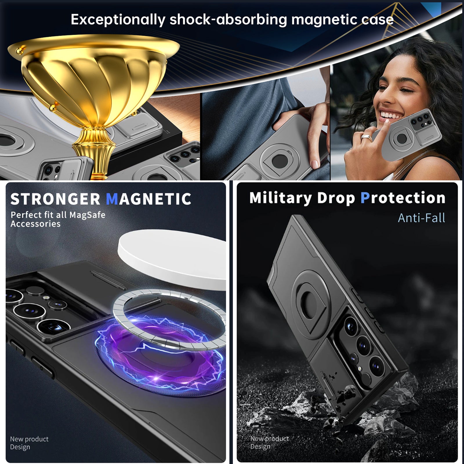 PhoneBits Protective Armor Samsung S Series MagSafe Case with Holder & Camera Slide Cover, Shockproof Samsung Ring Holder Case, Magnetic Wireless Charging Mobile Ring Phone Case with Stand, Back Samsung Holder Case Cover