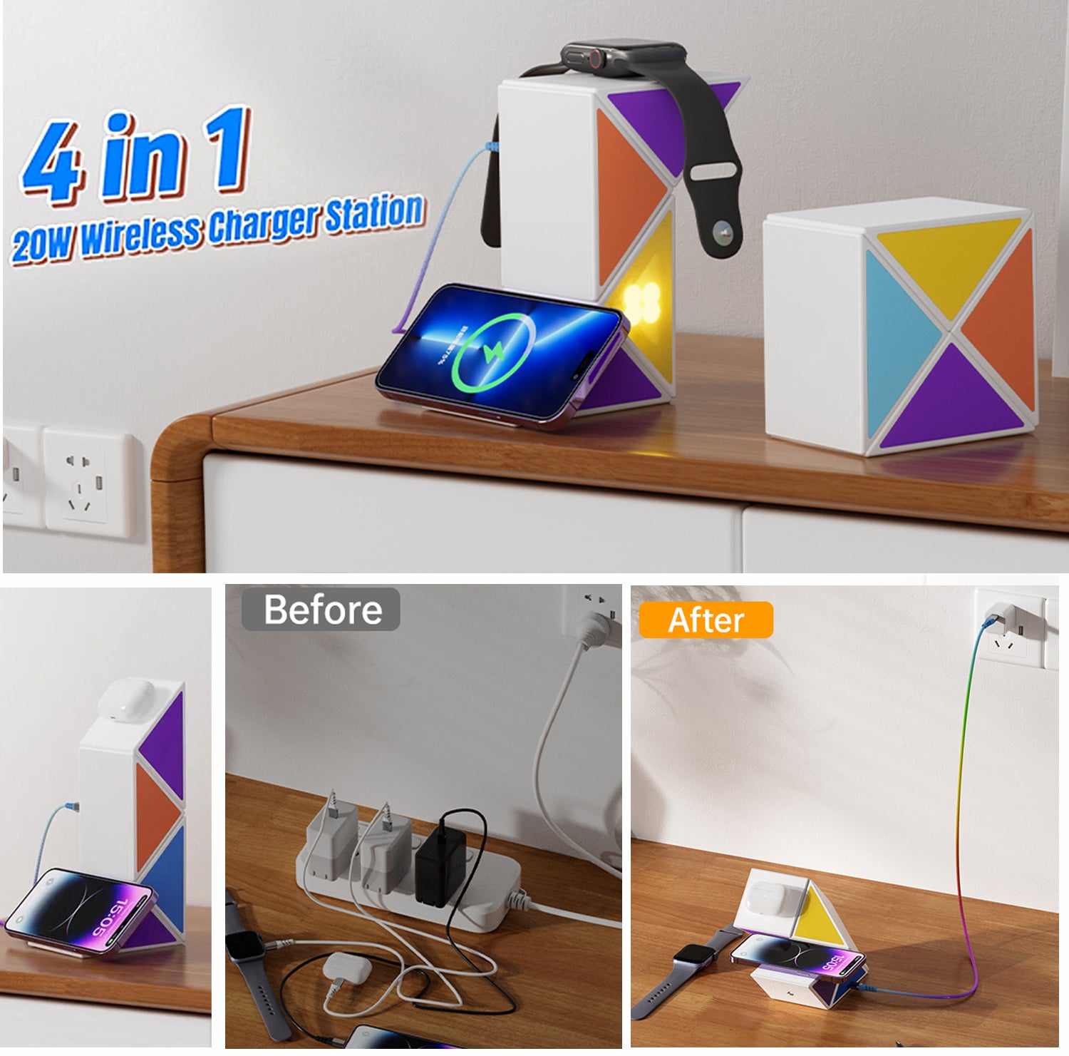 Budi 4 in 1 Fast Wireless Charger, Portable Magnetic Charging Station