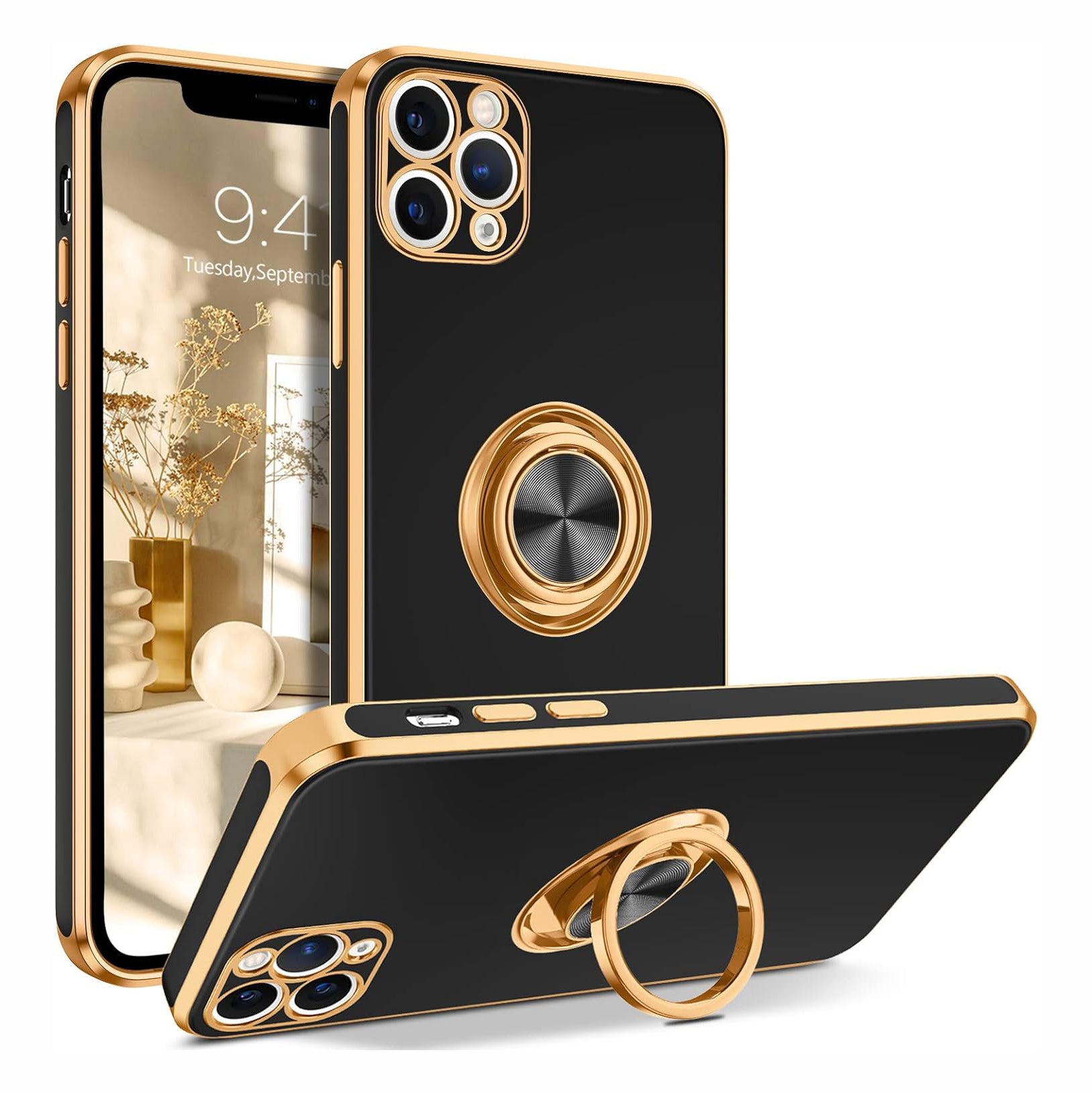 PhoneBits Luxury Soft Silicone Magnetic iPhone Case with Holder & Camera Lens Protection, Protective Shockproof iPhone Ring Holder Case Compatible with Magnetic Car Mount, Mobile Phone Case with Stand, Back iPhone Holder Case Cover