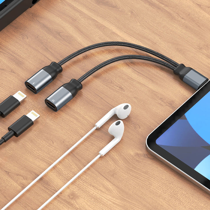 PhoneBits 2 In 1 Lightning Splitter with Audio & Phone Charge Adapter, Fast iPhone Charging Braided Cable with Dual Female Lightning Music & Charge Adapter, 8 Pin Connector/ Cable for iPhone with Lightning Headphone & Charging Ports