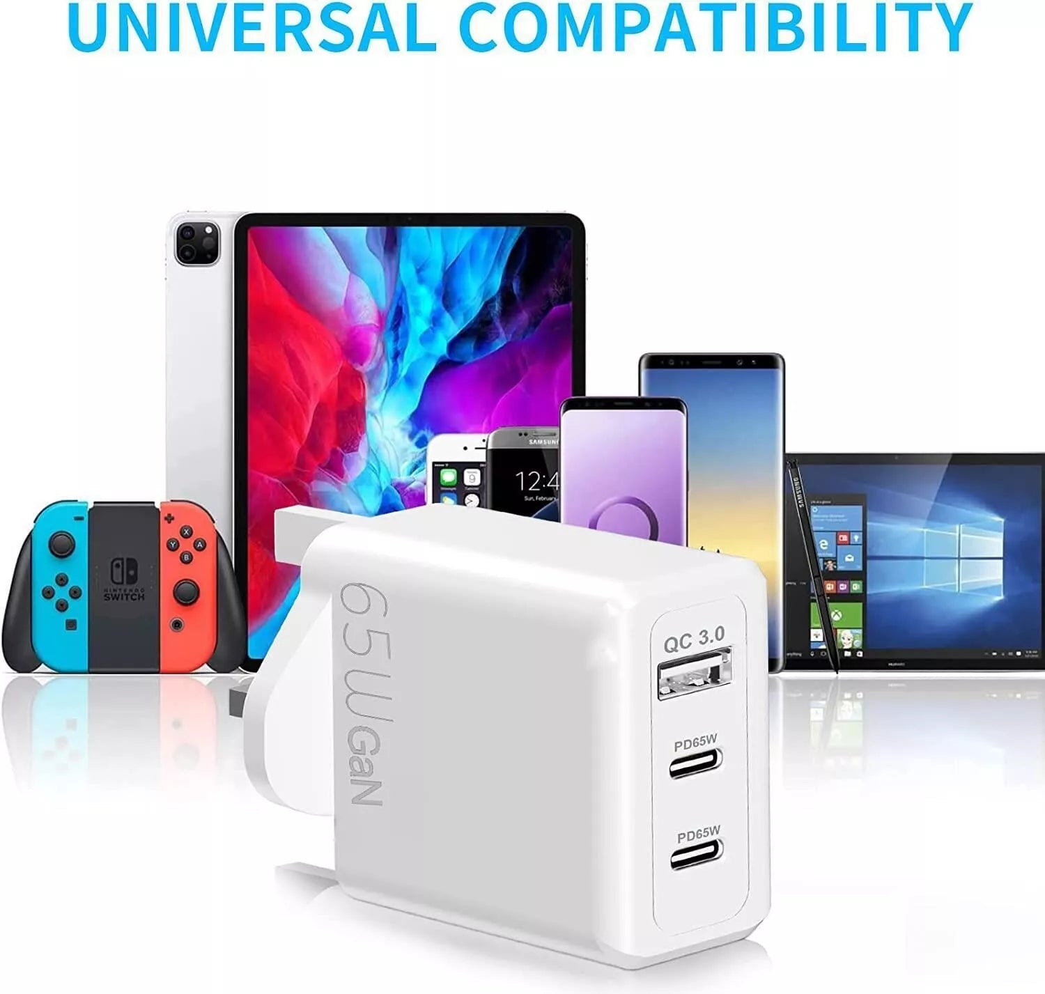 PhoneBits 3 USB Ports GaN Technology Phone Charger Adapter, Single QC3.0 USB-A & Dual PD 65W USB-C Ports Power Charger Plug, 3 Pin Fast Charging Charger Adapter, USB Wall Charger Plug, USB-A & Dual USB-C Power Wall Adapter Fast Charger