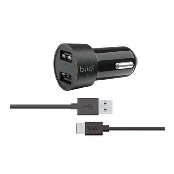 Budi USB Car Charger, Dual USB-A Ports In Car Charger Socket with Lightning/USB-C/Micro USB Cable, Fast Charging Car Phone Charger with LED Indicator, Power Cable Car Charger Adapter for Cigarette Lighter Socket