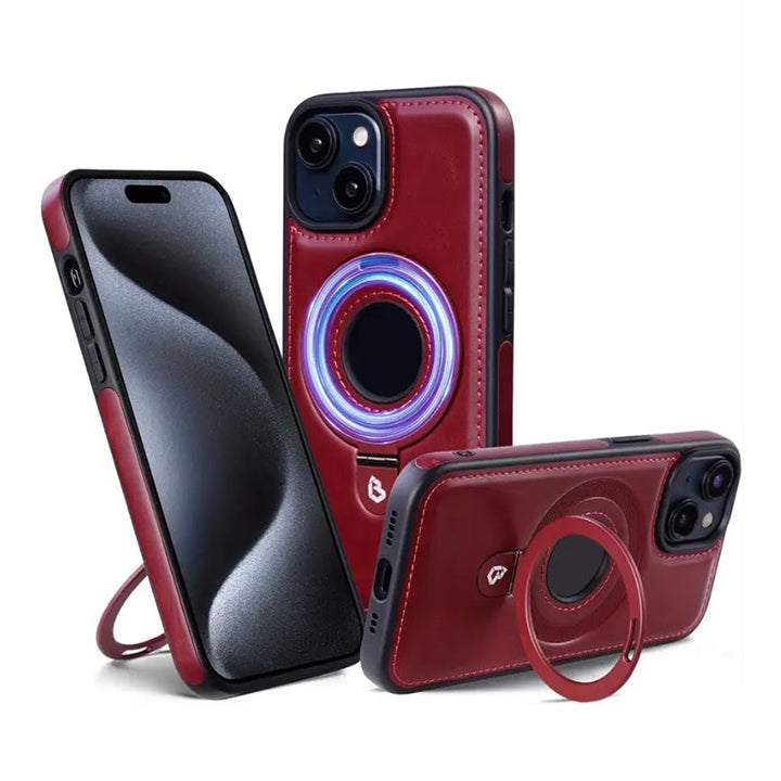 PhoneBits Leather MagSafe Case with Holder for iPhone, Shockproof Protective iPhone Case Compatible with MagSafe Chargers, Magnetic Wireless Charging Mobile Ring Phone Case with Stand, Back iPhone Holder Case Cover