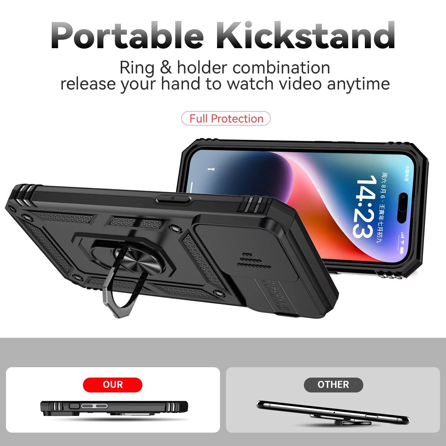 PhoneBits Ultra-Protective Magnetic iPhone Case with Holder & Camera Slide Cover, Shockproof iPhone Ring Holder Case Compatible with Magnetic Car Mount, Mobile Phone Case with Stand, Back iPhone Holder Case Cover
