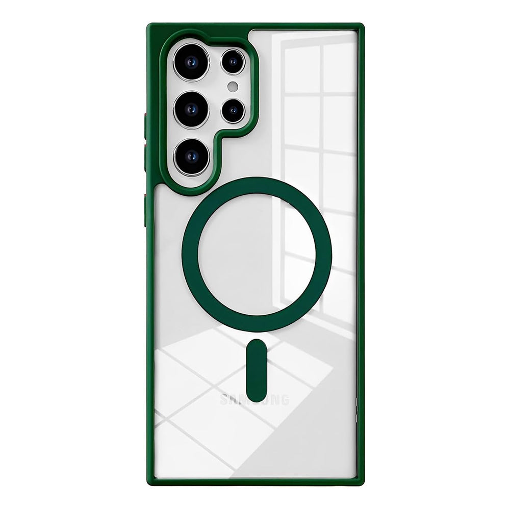 PhoneBits Crystal Clear Acrylic & TPU MagSafe Case for Samsung S Series with Chromed Camera Edge, Transparent Shockproof Samsung Case Compatible with MagSafe Chargers, Protective Magnetic Wireless Charging Mobile Samsung Phone Case, Back Case Cover