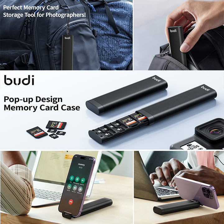 Budi Multi Functional Storage Stick, Smart Cable Stick with TF Card/ SD Card/ Nano Card Slots, U Disk/ Micro USB Ports & Phone Cradle, Universal Card Storage Box & Fast Card Reader with Ejector Pin, Lanyard & Micro SD Adapter for Smartphones/ Laptop
