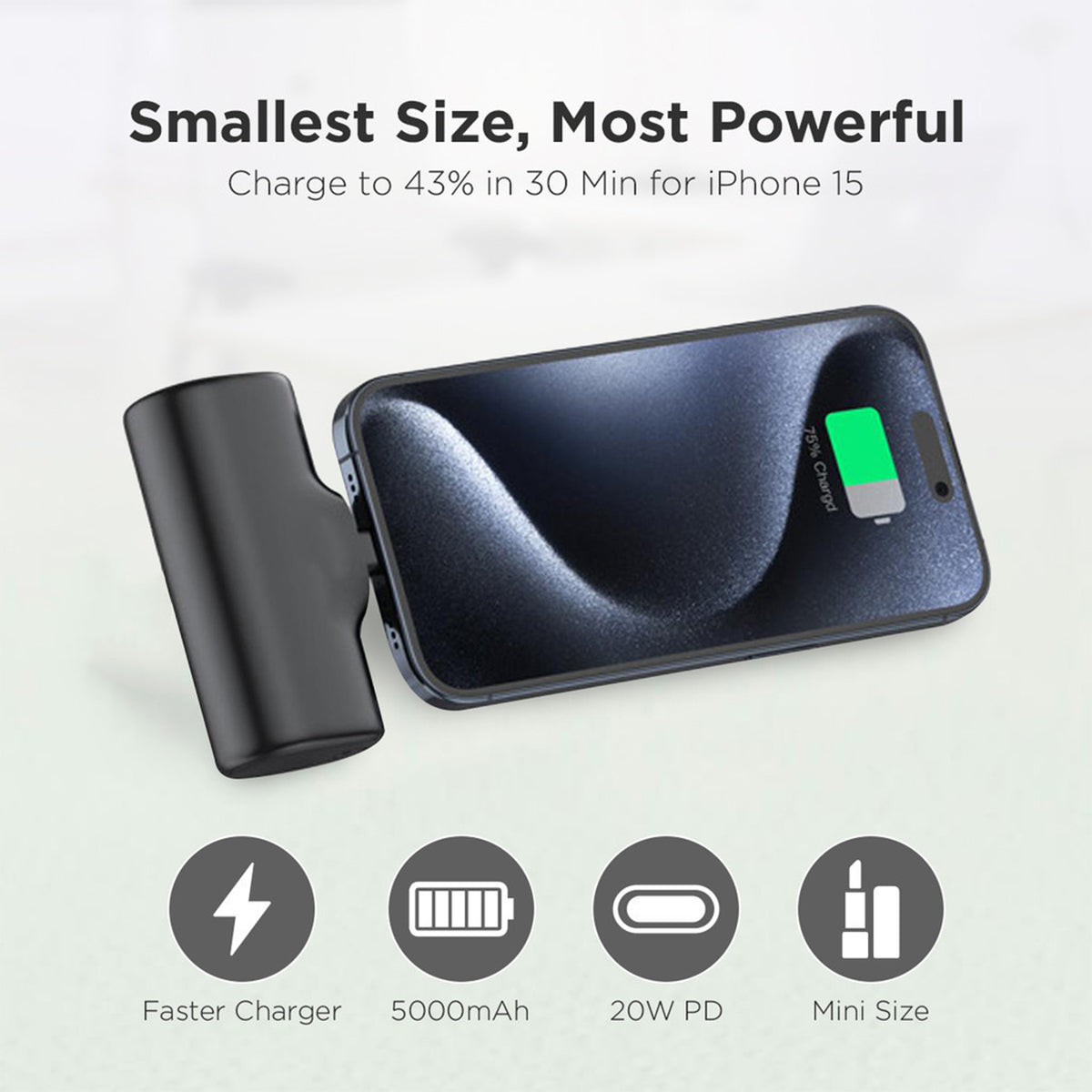 Budi Portable Power Bank 5000mAh, Portable Charger Power Bank with Built-In Type-C Plug & Port, Fast Charging USB-C Power Bank with Indicator Light, Power Switch, Holder & Strap for iPhone/Smartphone