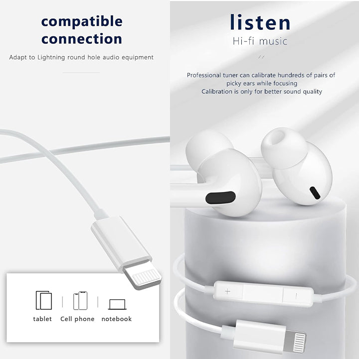 PhoneBits Premium In Ear Wired Earphones with Mic, Noise Cancelling Music Earphones, Wired Earphones with Lightning Cable