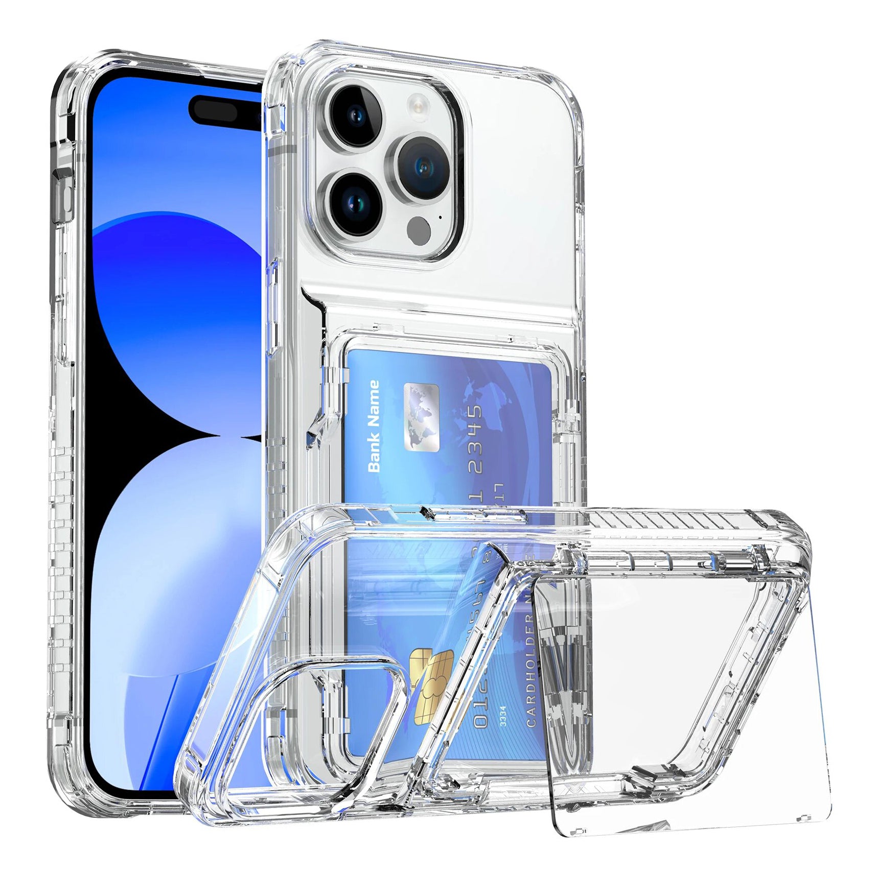 PhoneBits Luxury Protective Crystal-Clear Wallet Case with Card Holder & Chrome Camera Edge for iPhone, Transparent Phone Case Compatible with iPhone, Shockproof iPhone Case with Stand, Mobile Phone Clear Case, Back Case Cover