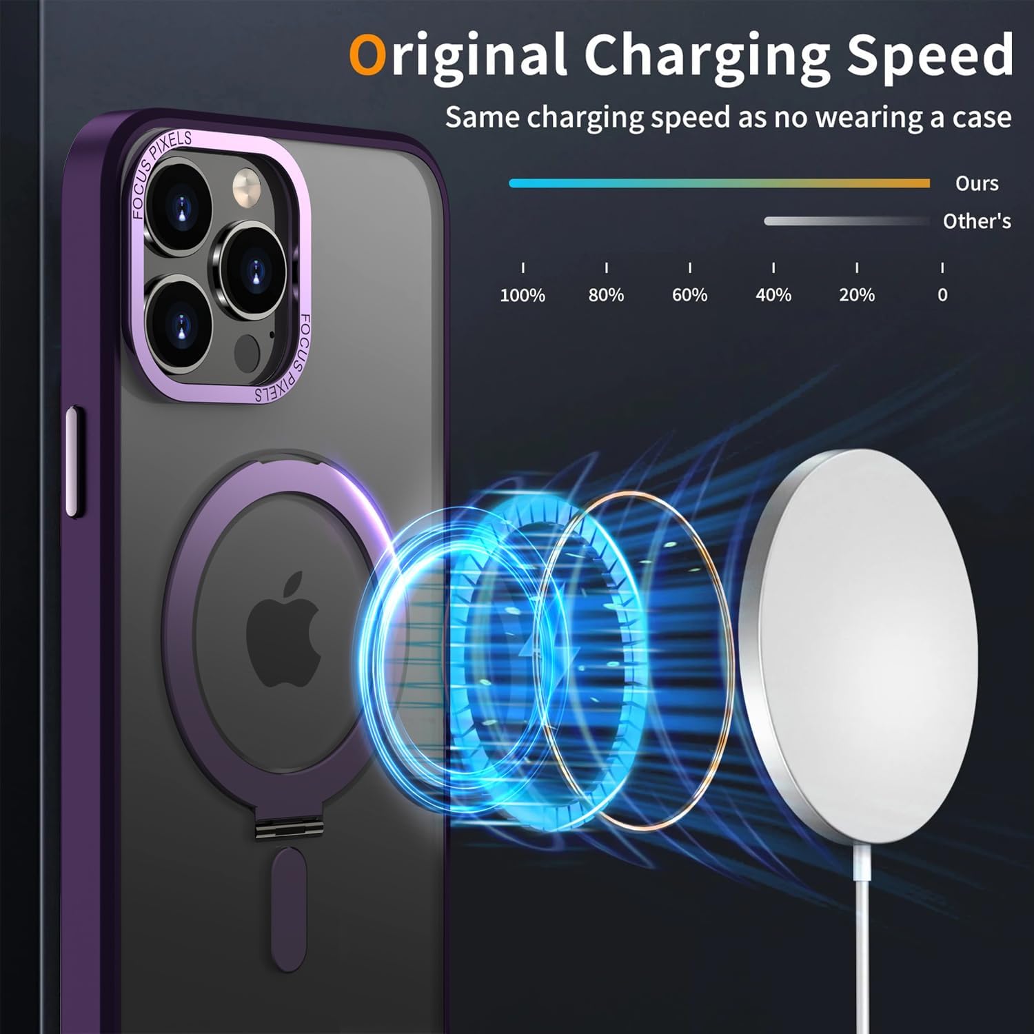 PhoneBits Armor Grade Protective MagSafe Case with Holder & Chromed Camera Edge for iPhone, Shockproof iPhone Case Compatible with MagSafe Chargers, Magnetic Wireless Charging Mobile Ring Phone Case with Stand, Back iPhone Holder Case Cover