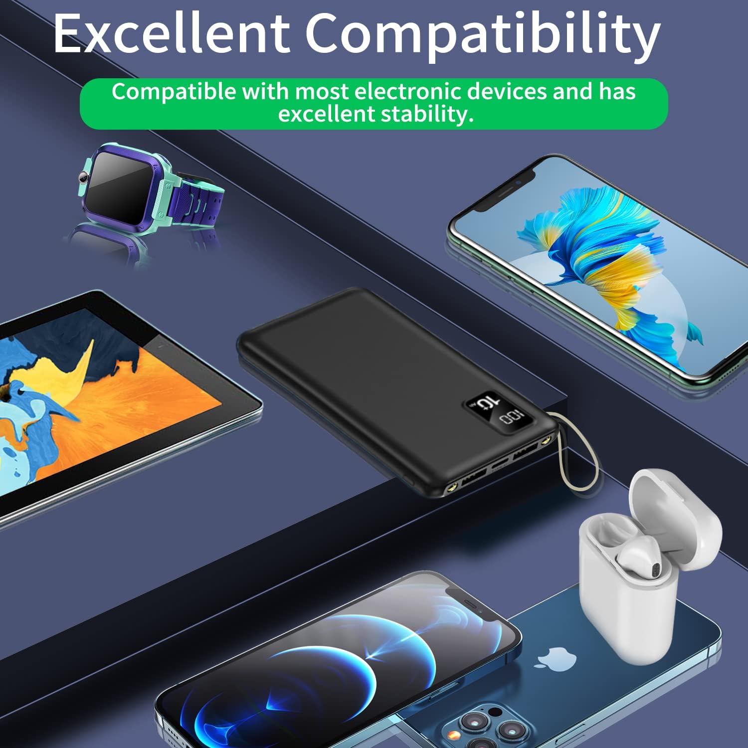PhoneBits Portable Power Bank 10000mAh, Portable Charger Power Bank with 4 Built-in Cables (Type-C, Micro, Lightning & USB), Fast Charging Power Bank with Digital LED Display & Strap for Smartphone/ iPhone/Tablet