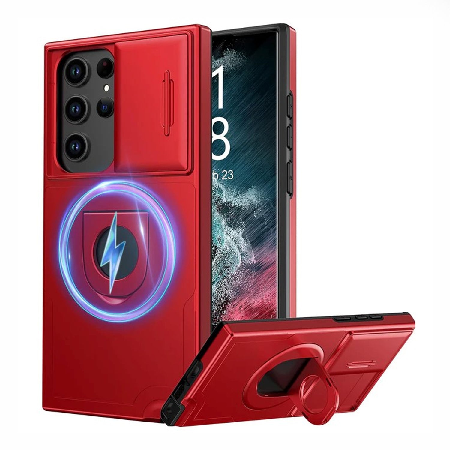 PhoneBits Protective Armor Samsung S Series MagSafe Case with Holder & Camera Slide Cover, Shockproof Samsung Ring Holder Case, Magnetic Wireless Charging Mobile Ring Phone Case with Stand, Back Samsung Holder Case Cover