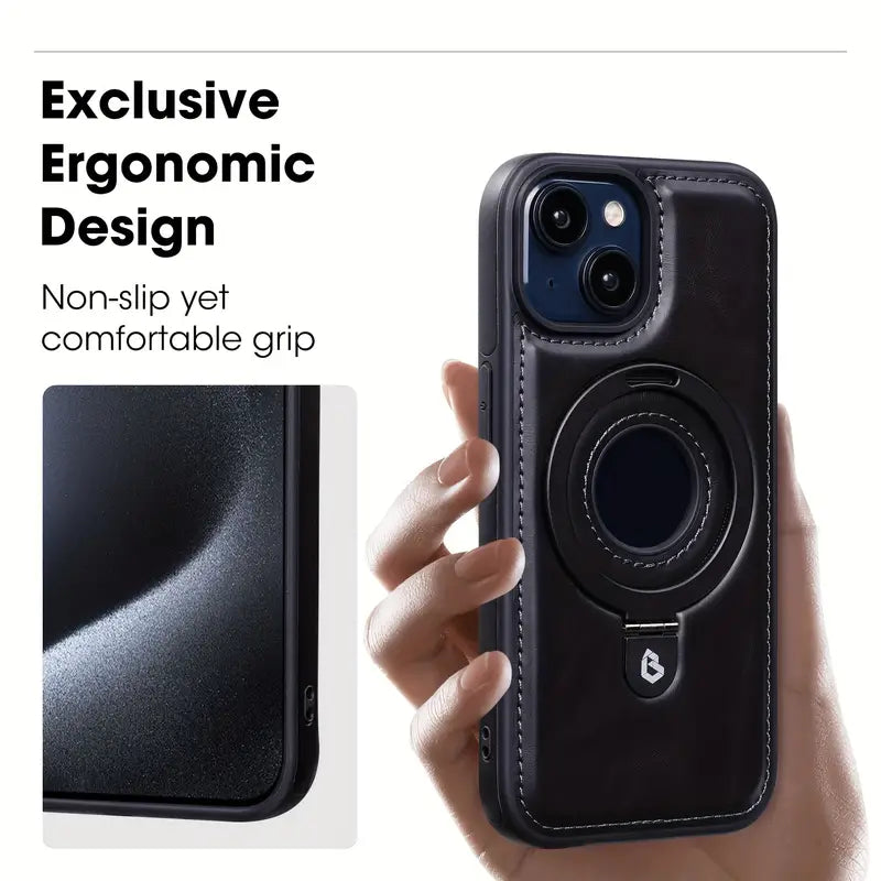 PhoneBits Leather MagSafe Case with Holder for iPhone, Shockproof Protective iPhone Case Compatible with MagSafe Chargers, Magnetic Wireless Charging Mobile Ring Phone Case with Stand, Back iPhone Holder Case Cover