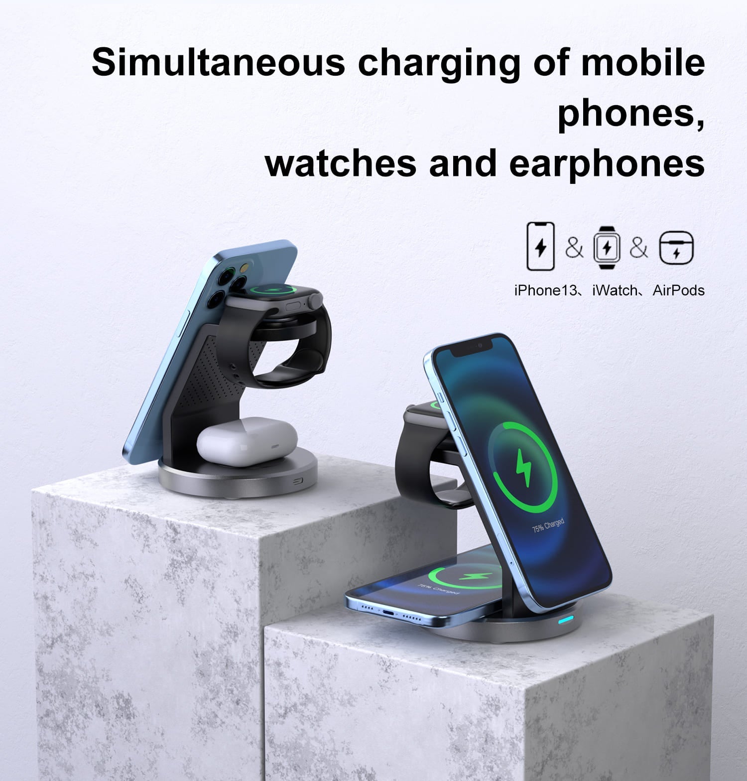 Budi 3 in 1 Magnetic Wireless Charger, Portable Wireless Charging Station for MagSafe iPhone, For Wireless Charging Compatible Devices