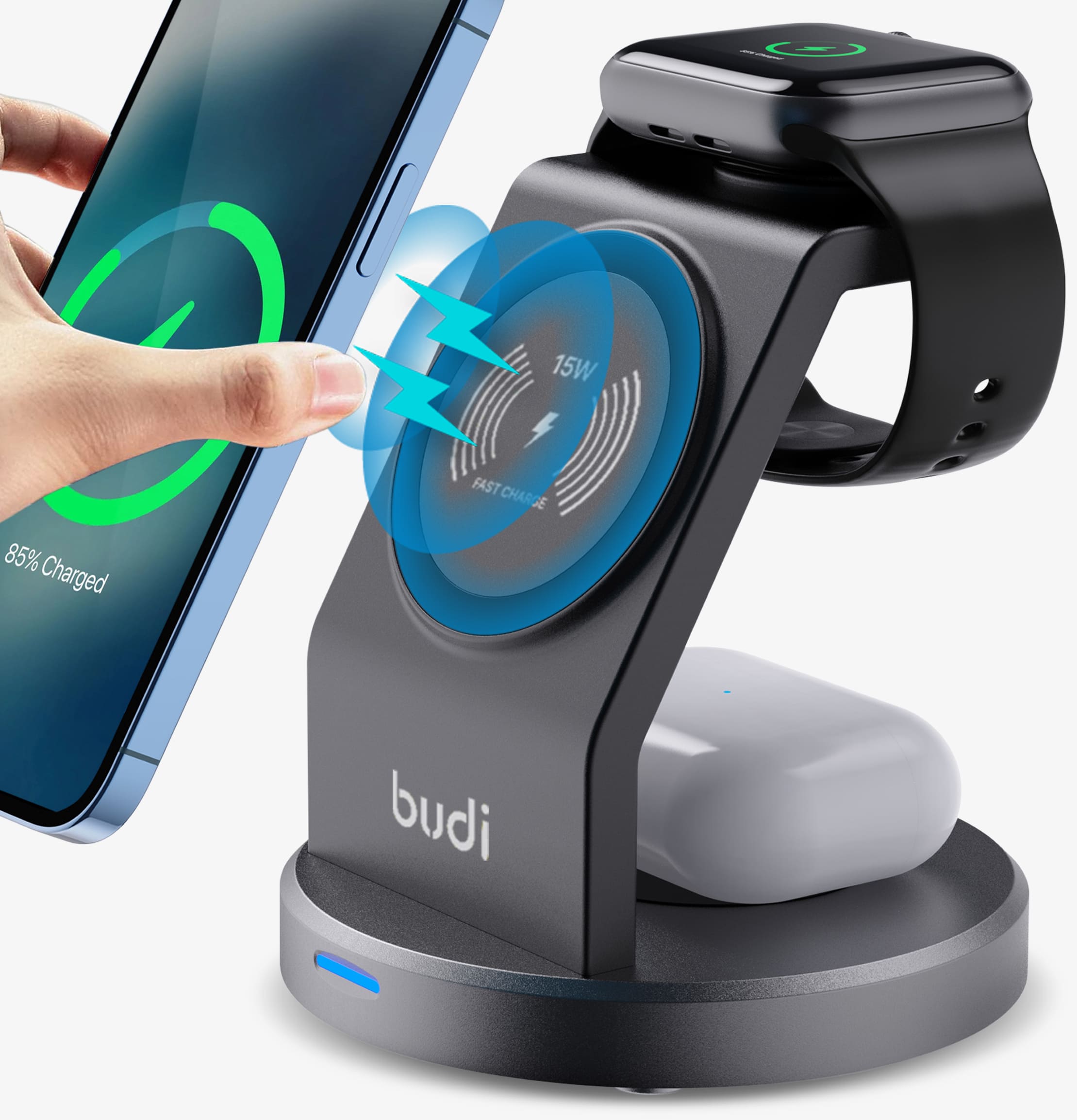 Budi 3 in 1 Magnetic Wireless Charger, Portable Wireless Charging Station for MagSafe iPhone, For Wireless Charging Compatible Devices