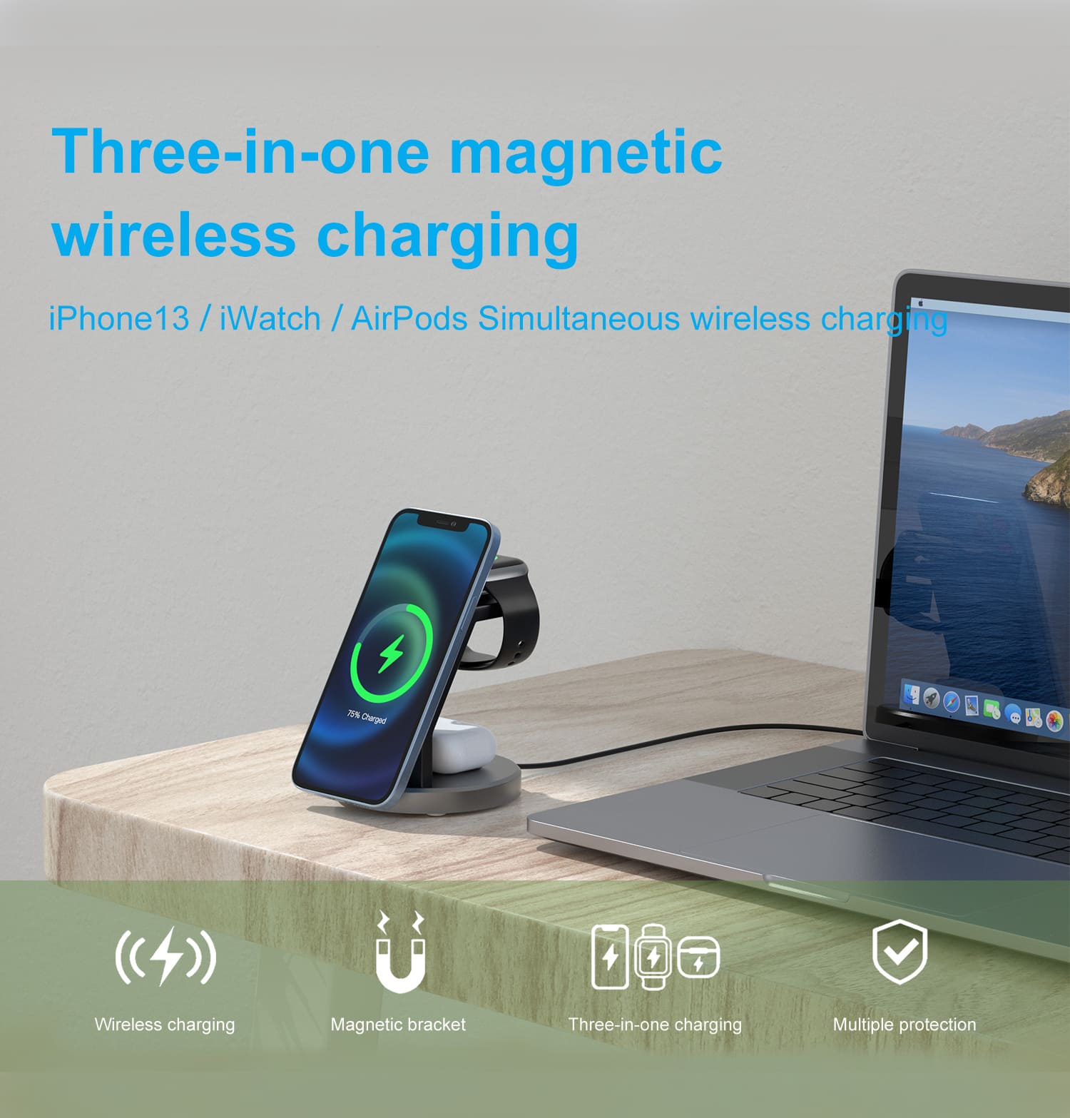 Budi 3 in 1 Magnetic Wireless Charger, Portable Wireless Charging Station for MagSafe iPhone, For Wireless Charging Compatible Devices
