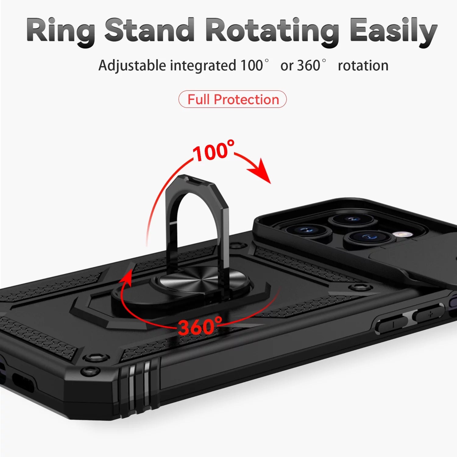 PhoneBits Ultra-Protective Magnetic iPhone Case with Holder & Camera Slide Cover, Shockproof iPhone Ring Holder Case Compatible with Magnetic Car Mount, Mobile Phone Case with Stand, Back iPhone Holder Case Cover