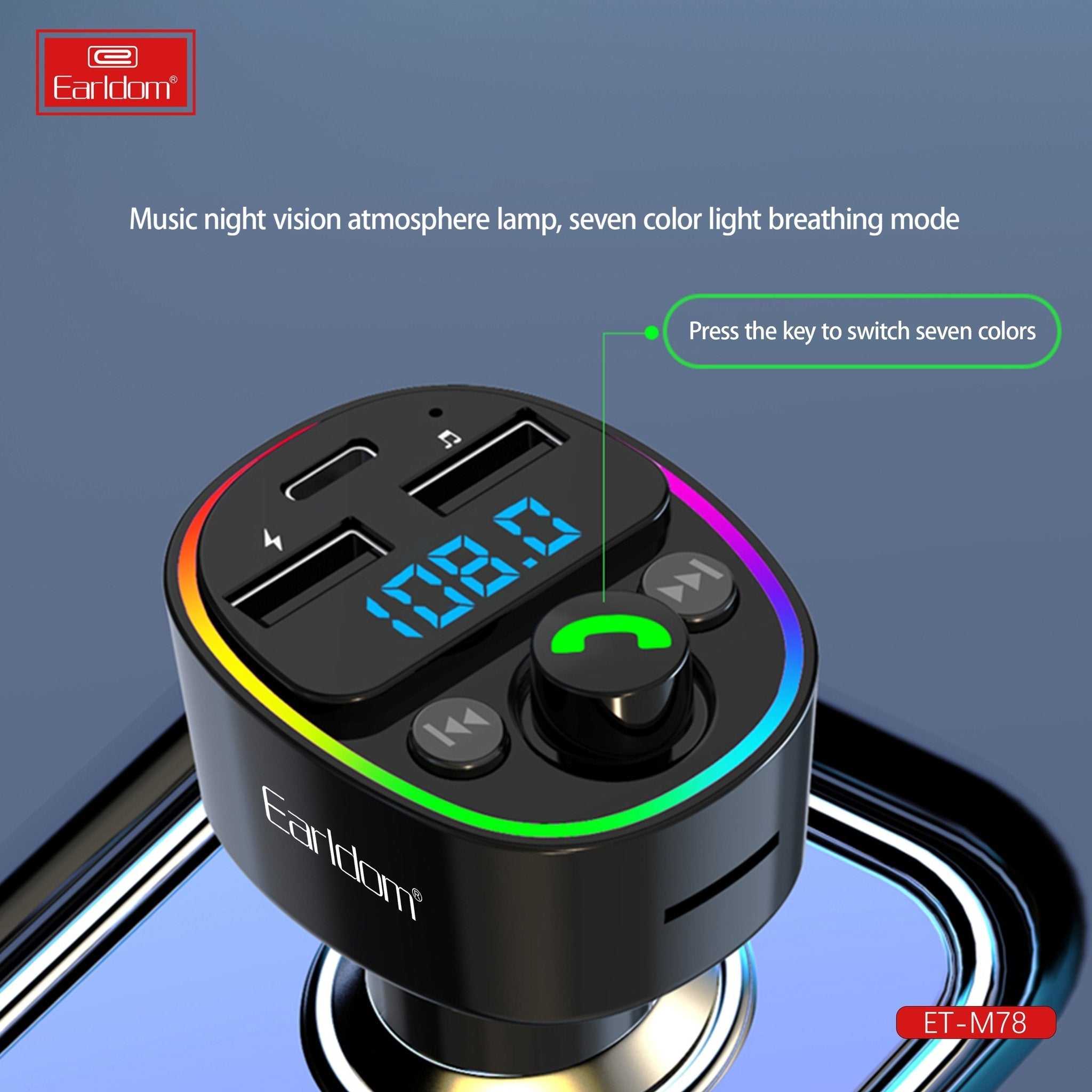 Earldom FM Transmitter & Car Charger, USB Fast Charging Wireless Car Charger with USB-C/USB-A Charging Ports, FM Bluetooth Car Transmitter with MP3 USB & TF Card Ports, Phone Car Adapter with Next/Previous/End Call/Lights Buttons, Mic & Digital Display