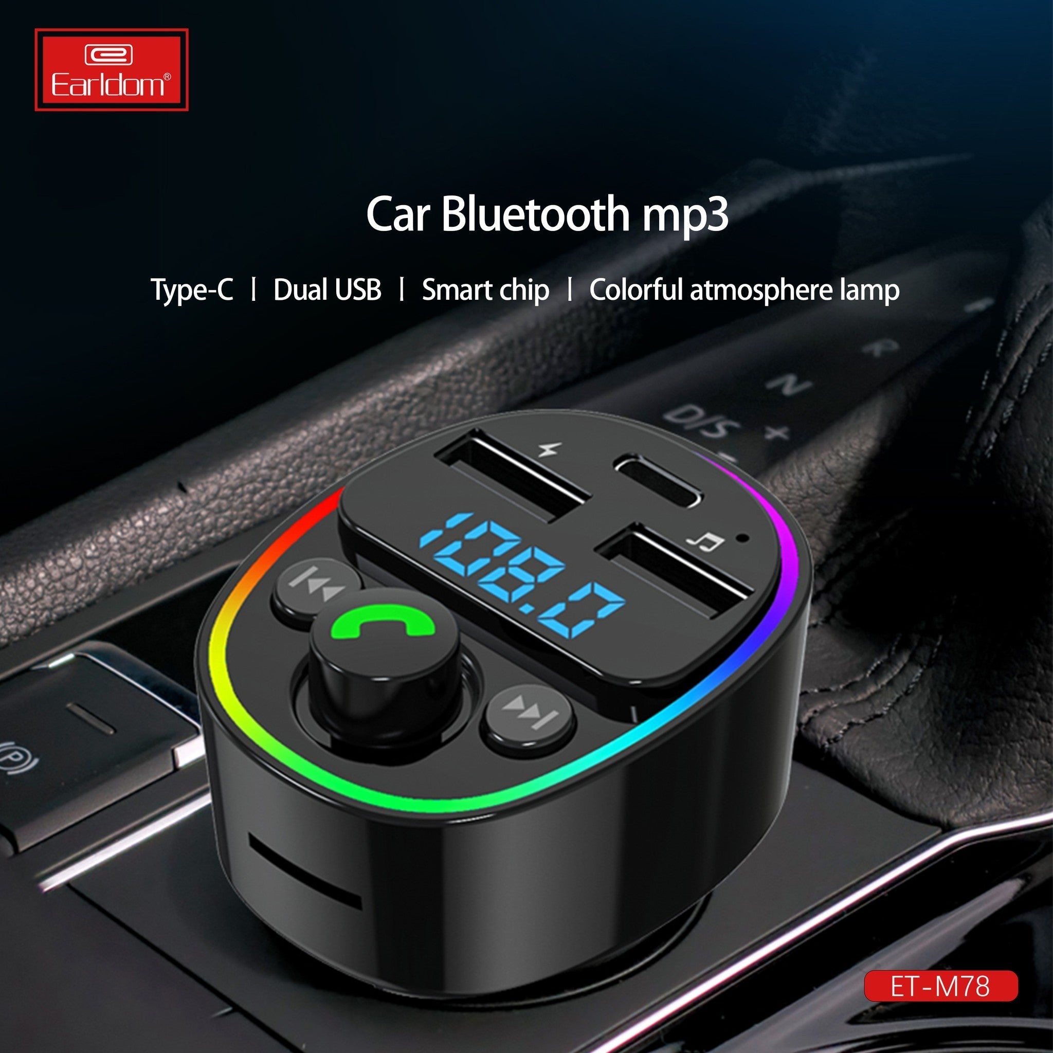 Earldom FM Transmitter & Car Charger, USB Fast Charging Wireless Car Charger with USB-C/USB-A Charging Ports, FM Bluetooth Car Transmitter with MP3 USB & TF Card Ports, Phone Car Adapter with Next/Previous/End Call/Lights Buttons, Mic & Digital Display
