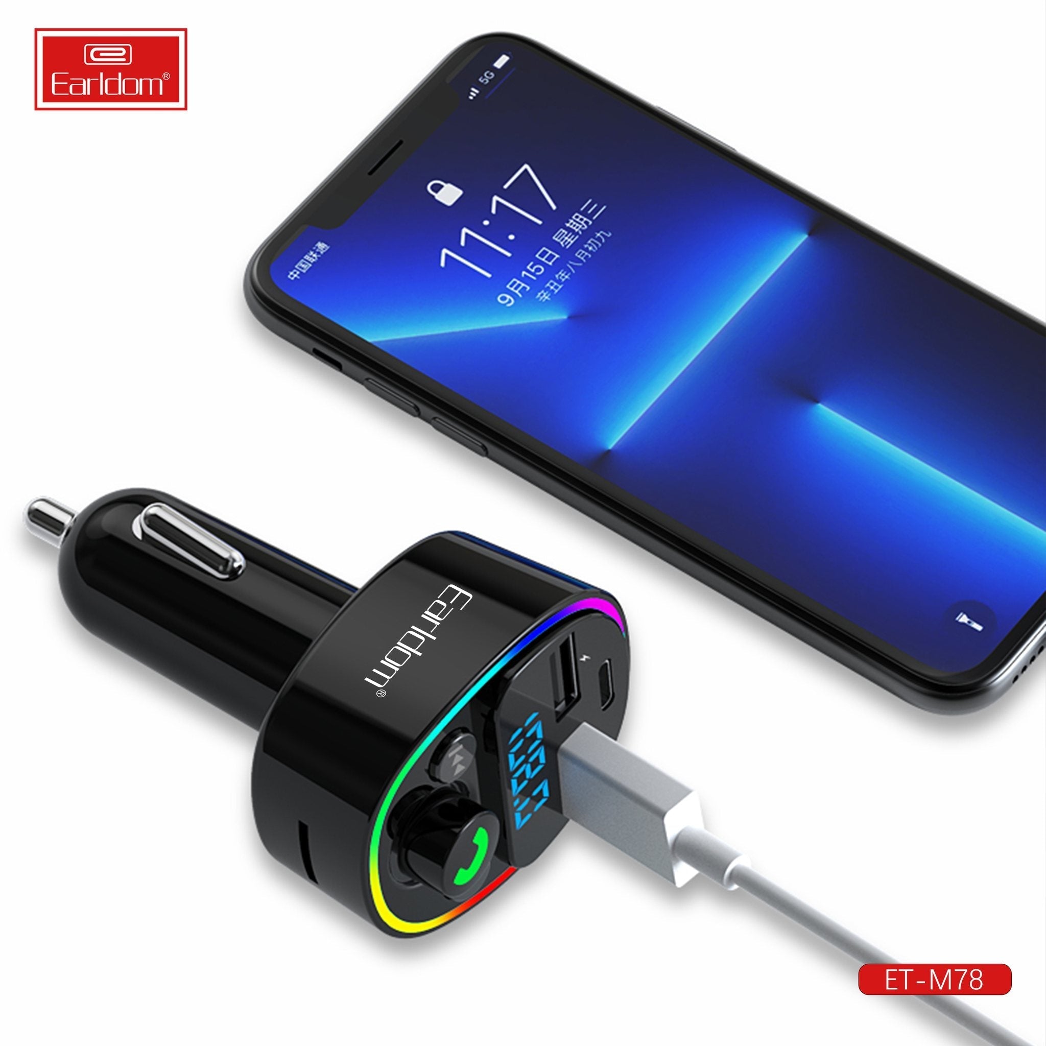 Earldom FM Transmitter & Car Charger, USB Fast Charging Wireless Car Charger with USB-C/USB-A Charging Ports, FM Bluetooth Car Transmitter with MP3 USB & TF Card Ports, Phone Car Adapter with Next/Previous/End Call/Lights Buttons, Mic & Digital Display