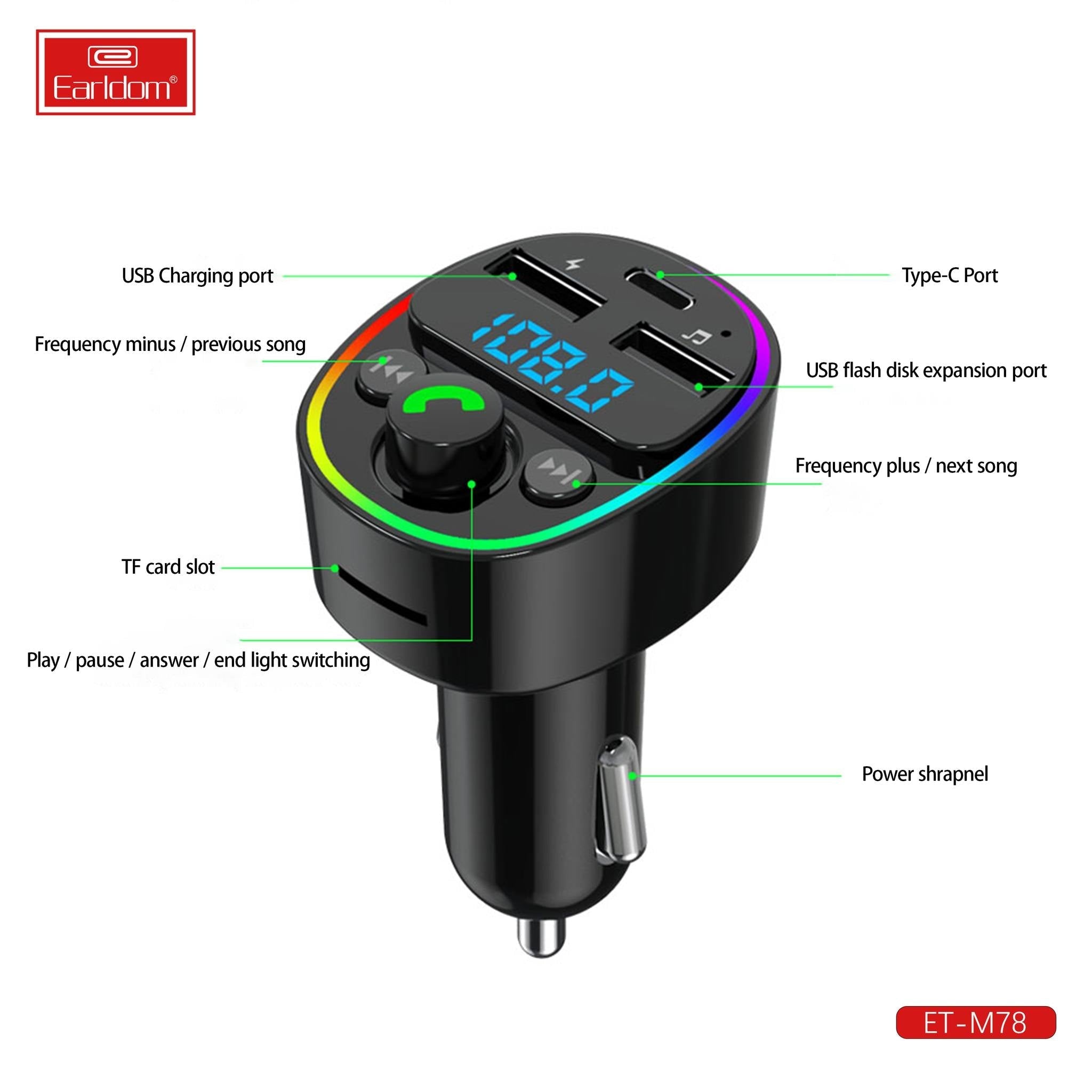 Earldom FM Transmitter & Car Charger, USB Fast Charging Wireless Car Charger with USB-C/USB-A Charging Ports, FM Bluetooth Car Transmitter with MP3 USB & TF Card Ports, Phone Car Adapter with Next/Previous/End Call/Lights Buttons, Mic & Digital Display