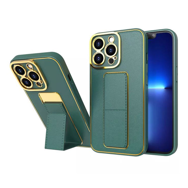 PhoneBits Leather Magnetic iPhone Case with Holder & Camera Protection, Protective Shockproof iPhone Holder Case Compatible with Magnetic Car Mount, Mobile Phone Holder Case, Back Phone Case Cover with Stand