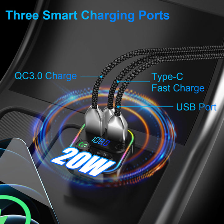 Budi FM Transmitter & Car Charger, USB Fast Charging Wireless Car Charger with PD USB-C/QC 3.0/USB Charging Ports, FM Bluetooth Car Transmitter with MP3/TF Card Ports, Phone Car Adapter with Next/Previous/End Call/Lights/Bass Buttons, Mic & LED Display