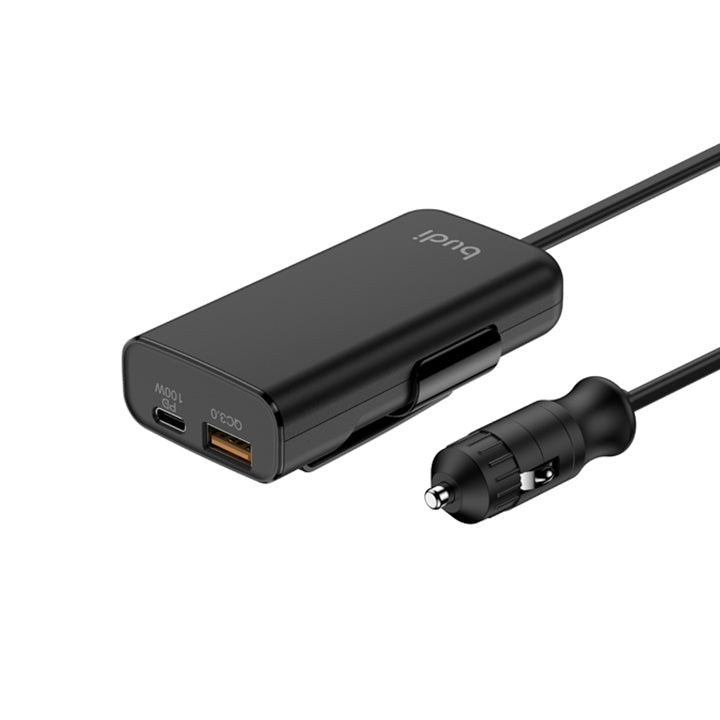 Budi USB Car Charger, QC3.0 USB/PD USB-C Ports In Car Charger Socket with Cigarette Lighter Cable, Fast Charging Car Phone Charger with Back Seat Bracket, Power Car Charger Adapter for Cigarette Lighter Socket