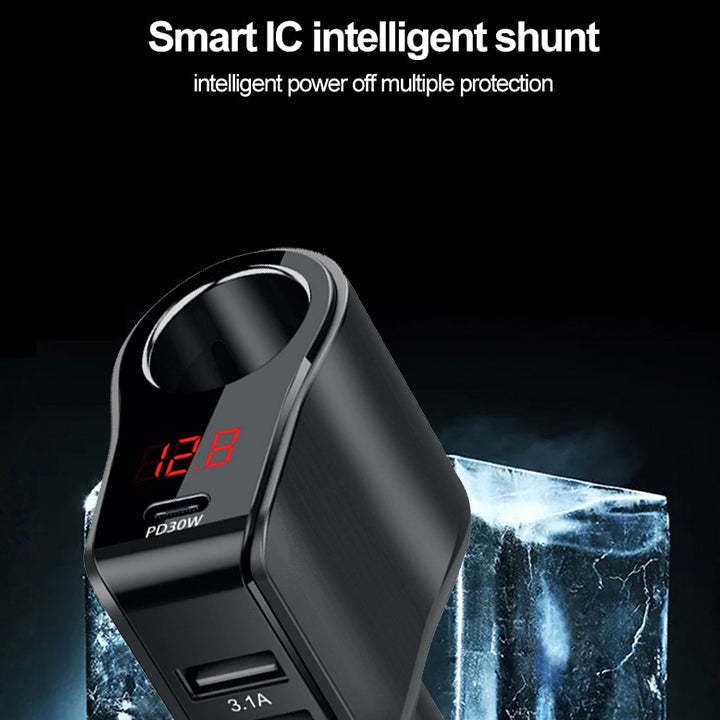 PhoneBits 3 Ports USB Car Charger, Dual USB 3.1A & Single PD USB-C In Car Charger Socket, Fast Charging Car Phone Charger with Voltage Monitor, Power Car Charger Adapter for Cigarette Lighter Socket