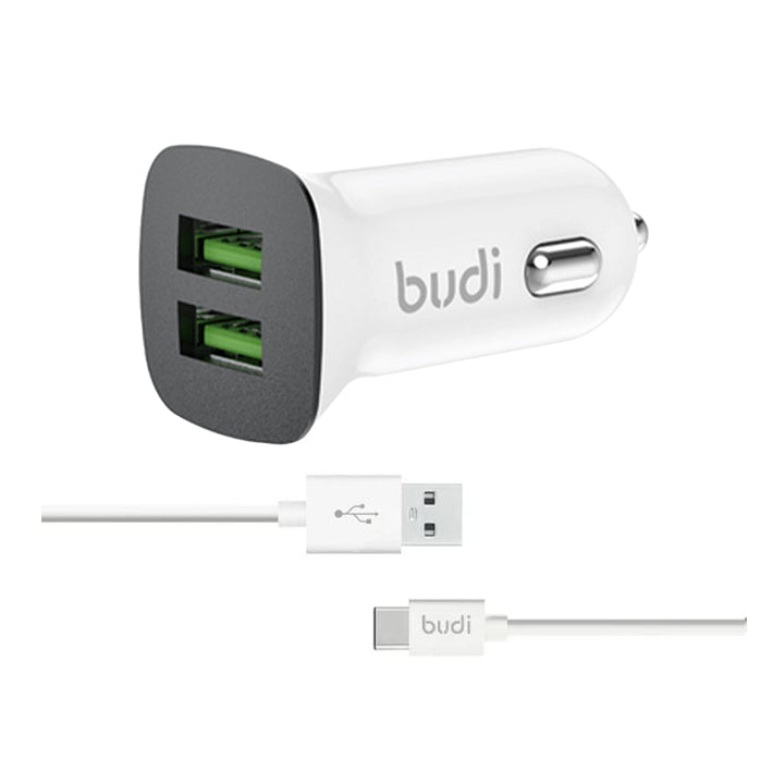 Budi USB Car Charger, Dual USB-A Ports In Car Charger Socket, Fast Charging Car Phone Charger with Micro USB/Lightning/USB-C Cables & LED Indicator, Power Cable Car Charger Adapter for Cigarette Lighter Socket