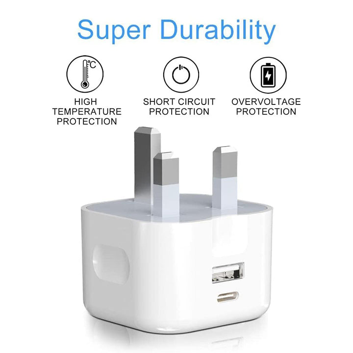 Budi Dual USB Phone Charger Adapter, PD 20W USB-C & QC3.0 USB-A Ports Power Charger Plug, 3 Pin Fast Charging Charger Adapter, USB Wall Charger Plug, USB-C & USB-A Power Wall Adapter Fast Charger