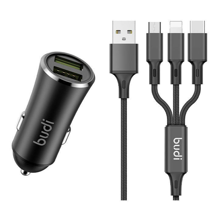 Budi USB Car Charger, Dual USB-A Ports In Car Charger Socket with 3 In 1 Cable Micro USB/Lightning/USB-C, Fast Charging Car Phone Charger, Power Cable Car Charger Adapter for Cigarette Lighter Socket