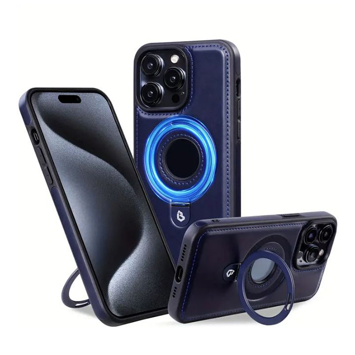 PhoneBits Leather MagSafe Case with Holder for iPhone, Shockproof Protective iPhone Case Compatible with MagSafe Chargers, Magnetic Wireless Charging Mobile Ring Phone Case with Stand, Back iPhone Holder Case Cover