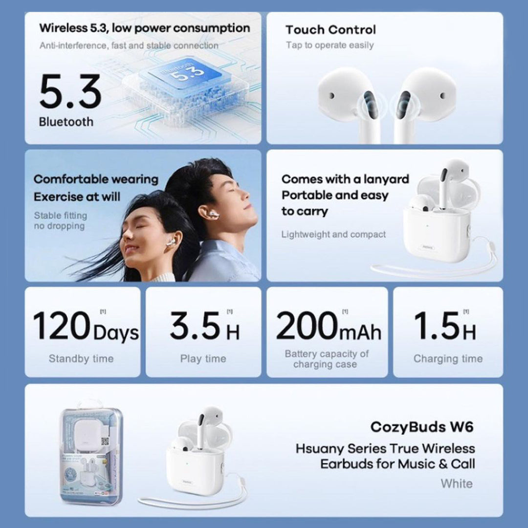 Remax High-Quality Wireless Bluetooth In-Ear Earbuds with Built-In Mic and Portable Strap