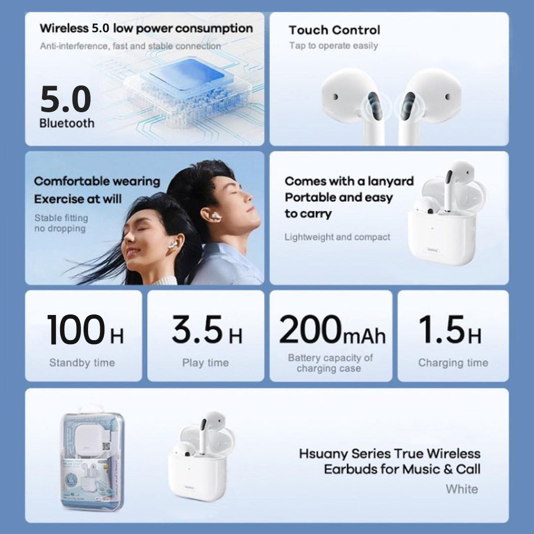 Remax Wireless Bluetooth HD Stereo-Bass In-Ear Earbuds with Built-In Mic