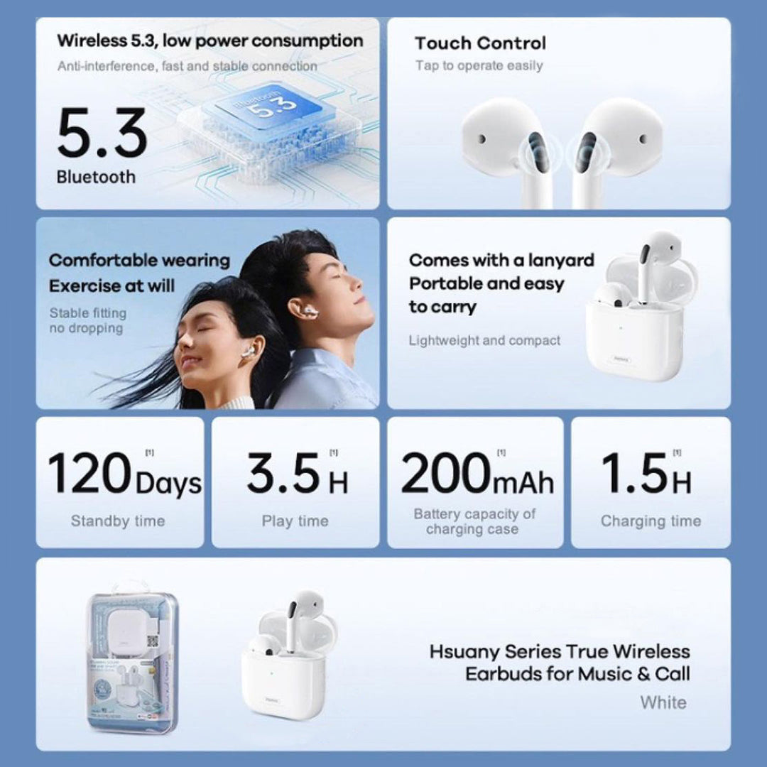 Remax Smart Wireless Bluetooth HD Stereo Music In-Ear Earbuds with Built-in Mic
