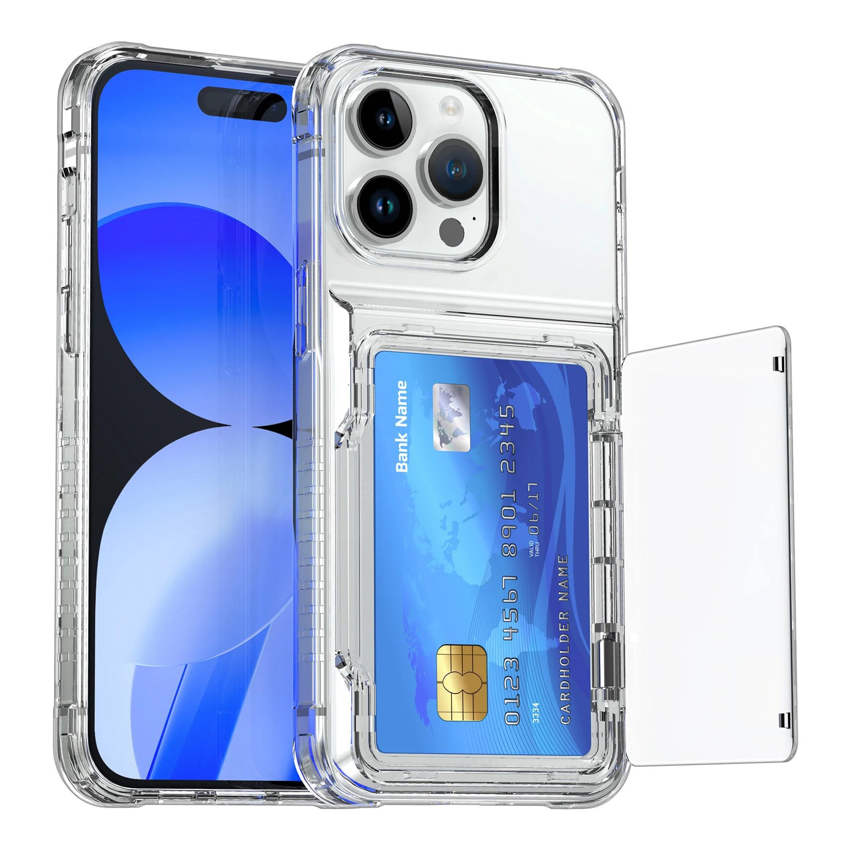 PhoneBits Luxury Protective Crystal-Clear Wallet Case with Card Holder & Chrome Camera Edge for iPhone, Transparent Phone Case Compatible with iPhone, Shockproof iPhone Case with Stand, Mobile Phone Clear Case, Back Case Cover