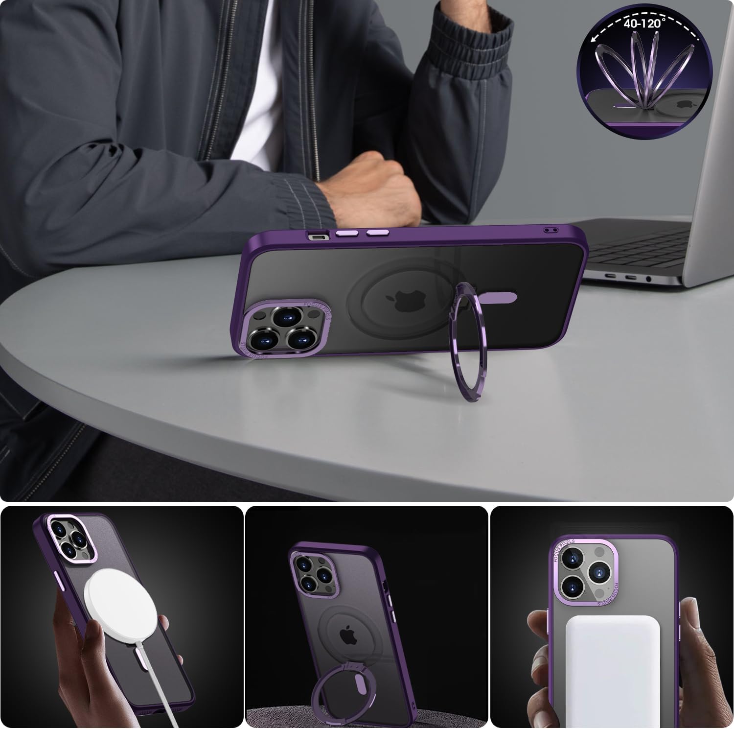 PhoneBits Armor Grade Protective MagSafe Case with Holder & Chromed Camera Edge for iPhone, Shockproof iPhone Case Compatible with MagSafe Chargers, Magnetic Wireless Charging Mobile Ring Phone Case with Stand, Back iPhone Holder Case Cover